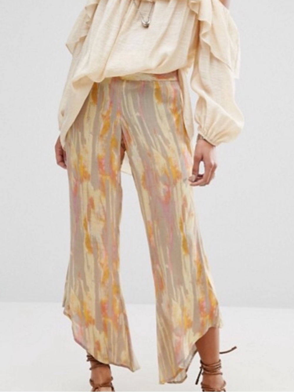 Free People Dancing Days Pants Gauze Flowy Pink Yellow Size Medium - Picture 10 of 10
